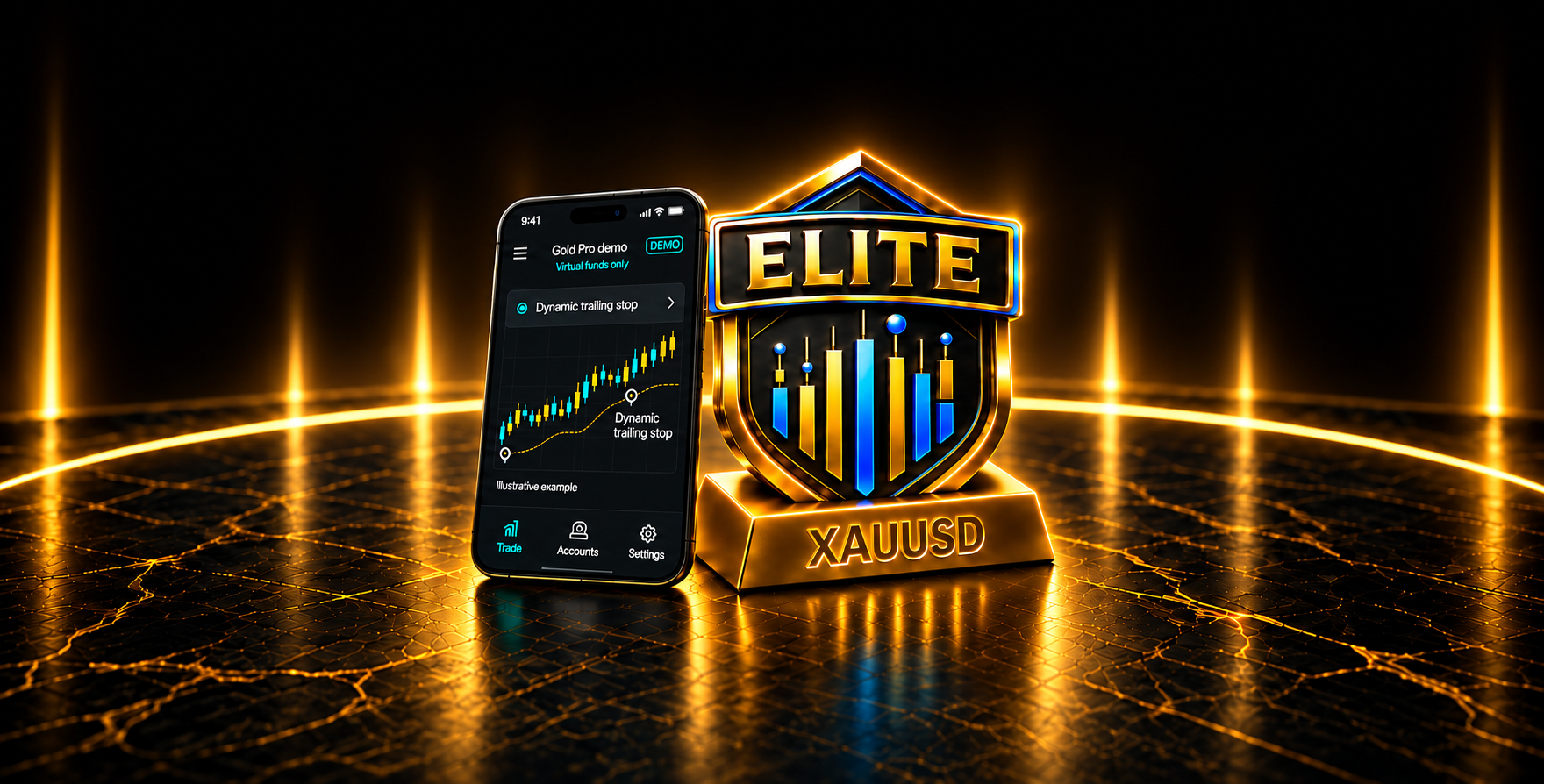 Gold Pro Elite shield beside a phone display showing an illustrative gold chart with a dynamic trailing stop.